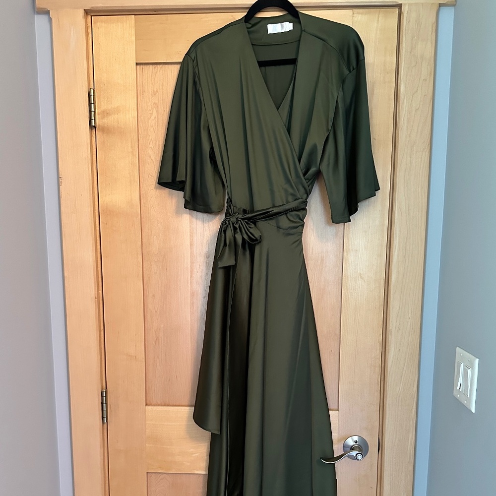 Custom Boutique Satin Olive Green Wrap Dress Plus Size XL (Fits like 16W)